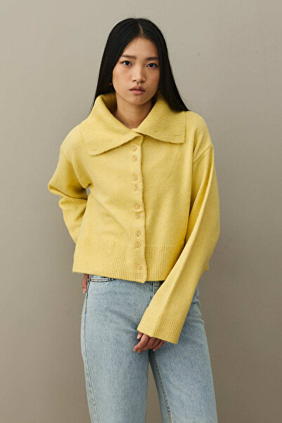 Fahhar Geniş Yakalı Tiftik Hırka Sarı