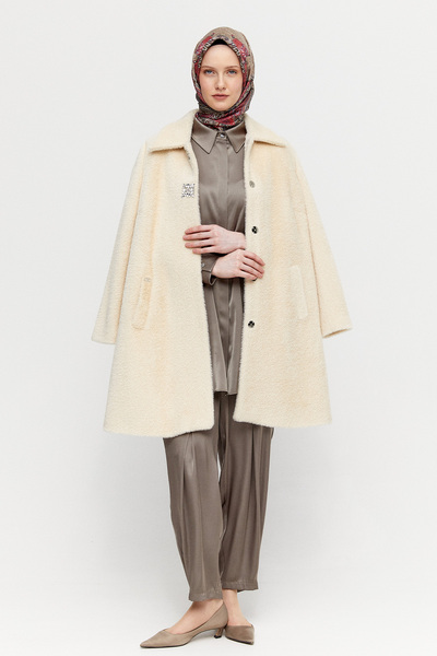 Setrms Angora Suni Kürk Klasik Kesim Broş Detaylı Kaban