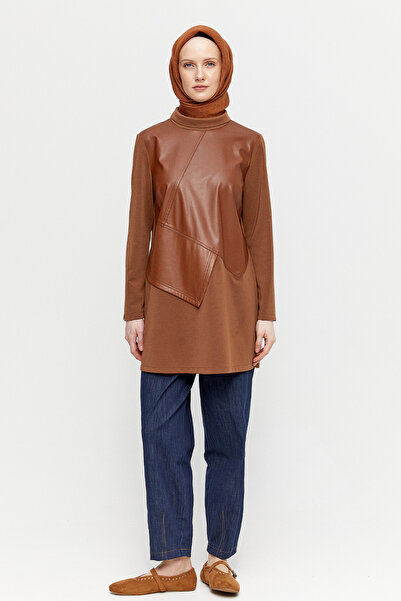 Setrms Asimetrik Suni Deri Kombinli Tunik