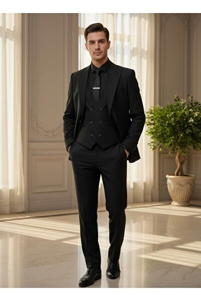 Salihtarzz Takım Elbise Yelekli SlimFit Siyah SD42225