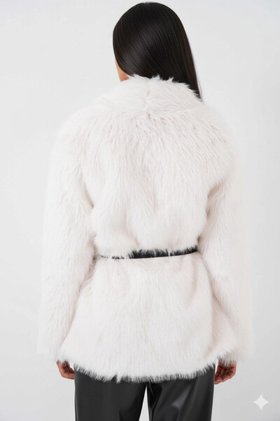 hazelin Women's White Belt Detailed Lined Plush Fur Coat Hzl25W-Bd191561