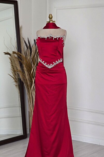 Yonca Moda Evi Kırmızı Taşlı Korseli Abiye 6135