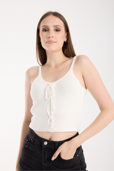 WOMENTİ Women's Cream Zigzag Drawstring Knitwear Crop Blouse K1005