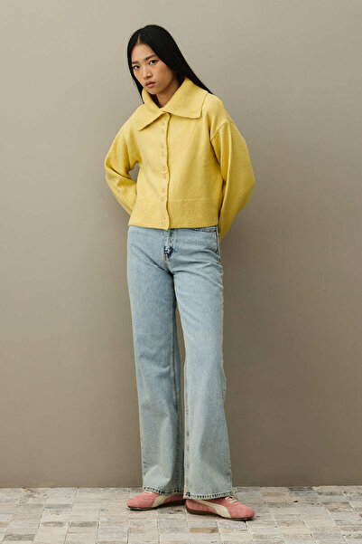 Fahhar Geniş Yakalı Tiftik Hırka Sarı