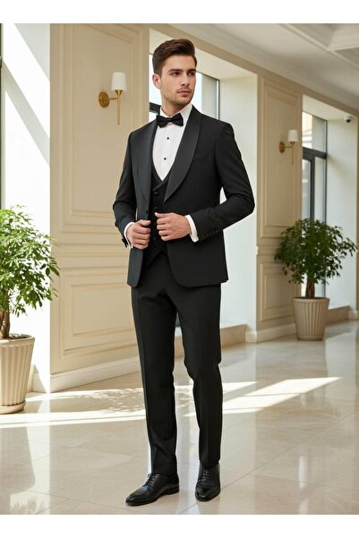 Salihtarzz Damatlık İtalyan Kesim Slim Fit Yelekli Şal Yaka Siyah SD42220