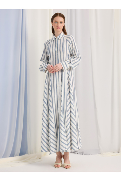 Store Wf Cizgili gomlek yaka maxi elbise