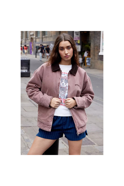 Mokşa Jachetă bomber unisex din pânză supradimensionat cu guler din catifea Dusty Rose, cu detalii de căptușeală din blană