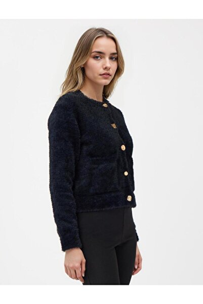 Jimmy Key Siyah Düz Kesim Yuvarlak Yaka Örme Kazak