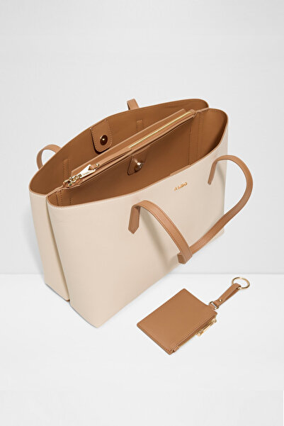 Aldo Ysabelle - Women's Large Size Ecru Three-Compartment Laptop Bag with Fixed Shoulder Strap