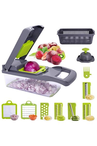 OEM Razatoare Multifunctionala, 14 piese, lame inox si maner protectie, gri/verde, 35 x 11 x 14 cm