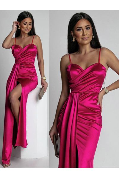 AndraRose Styles Rochie Elyna Satinată cu Crăpătură - rochieelynarozfuchsiaXS