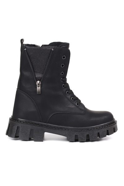 KAJILA Women's Black Nubuck Zipper Detailed Boots – Thick Sole Zippered Lace-Up Comfortable Daily Stylish and Da