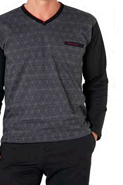 Pierre Cardin 6110 طقم بيجامة رجالي أسود بأكمام طويلة ورقبة على شكل حرف V