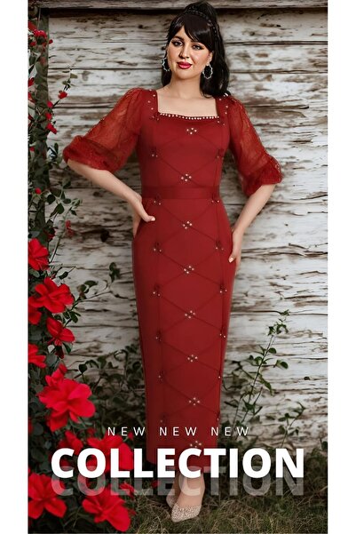 NATASHA Fashion فستان ناتاشا أحمر ملكي بأكمام دانتيل ولمسات لؤلؤية ساحرة.