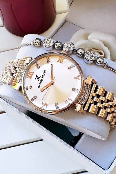 Daniel Klein Original Women's Wristwatch, Cut Glass Waterproof Rose Color Steel Band - Bracelet Gift Dkby2050C7