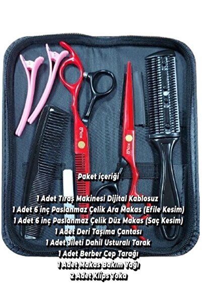 xolo Tıraş Makineli Saç Tıraş Kesim Makas Seti 8 Parça Kuaför Berber Hazır Tıraş Seti DailingRed