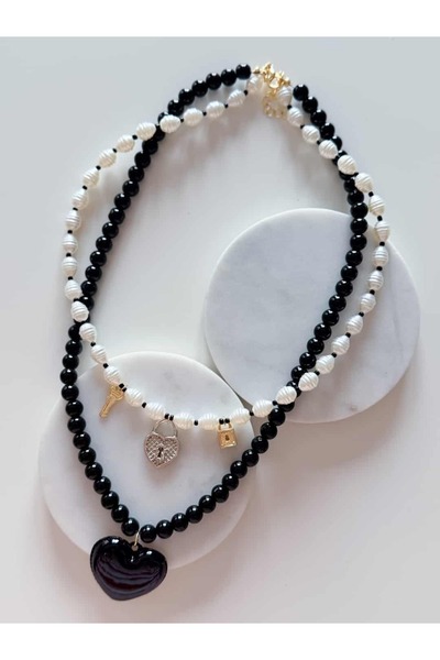 CHARMLUCKY Black Heart Pearl Bead 2-Piece Necklace