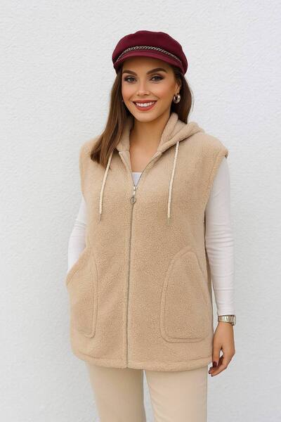 Genel Markalar Kadın Kapüşonlu Fermuarlı Peluş Yelek ZYN-58816
