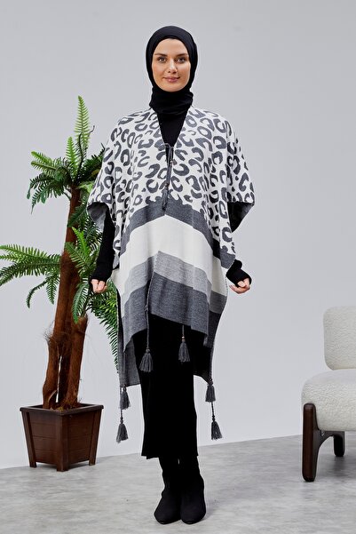 CNR TEKSTİL Leopard Printed Tricot Poncho with Tassel Accessories