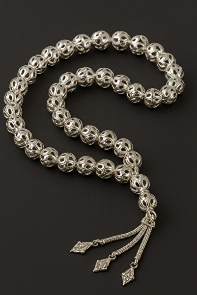 OSMANLI GÜMÜŞ Erkek Gümüş Tespih - 925 Ayar Model Delikli Parlak Küre Üzüm De...