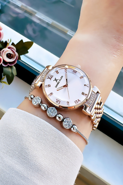 Daniel Klein Original Women's Wristwatch, Cut Glass Waterproof Rose Color Steel Band - Bracelet Gift Dkby2050C7