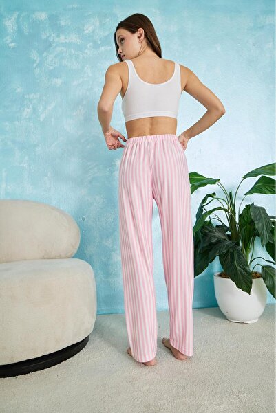 STELLAPİNK Pembe Beyaz Çizgili Kışlık Pijama Altı