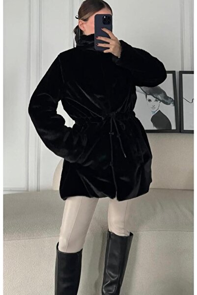Store Women's Black Zippered Oversize Furry Long Plush Coat
