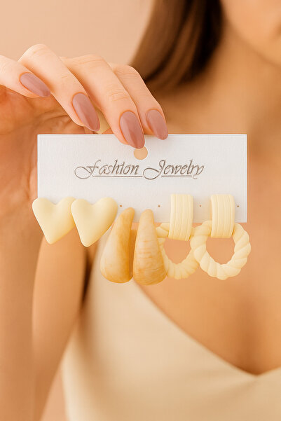 PABALAS 3 Pairs of Cream Color Geometric Hoop Earrings, Love, Water Drop, C-Shaped Design Earrings Set