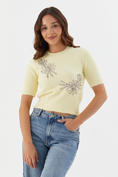 Shopping Shop Bluză din tricot cu mânecă scurtă brodată GALBEN