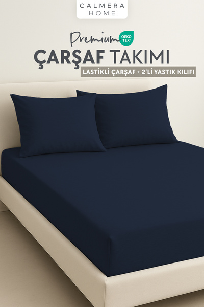 Calmera 100% Cotton Combed Elastic Fitted Sheet Set + 2 Pillowcases |   Double/King Size - Navy Blue