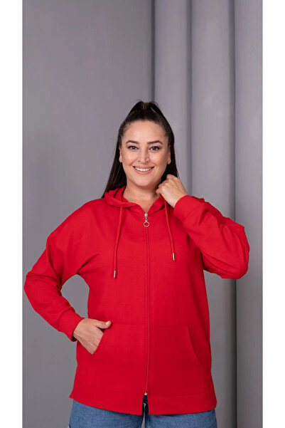 Seviliko Kadın Büyük Beden Kapüşonlu Kanguru Cepli Fermuarlı Yırtmaç Detaylı ...