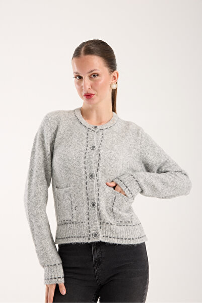 ŞEYDA ERTEM سترة محبوكة رمادية اللون مع جيوب