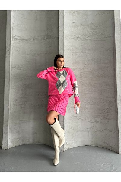 Knitoryx Women's Diamond Patterned Knitwear Sweater Skirt Set – Oversize Model |