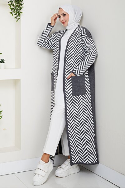 Bestenur Stripe Detailed Knitwear Cardigan 1604 - Anthracite