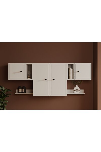 Nettrends 4 Kapaklı Çok Bölmeli Dolap ve Alt Dekoratif Duvar Rafı Kombinasyon...
