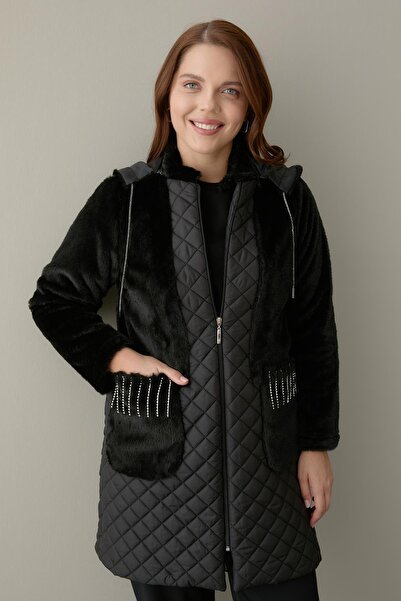 FATMA DANIŞMAN Quilted and Fur Combination Short Coat with Pocket Tassel Accessories - Black