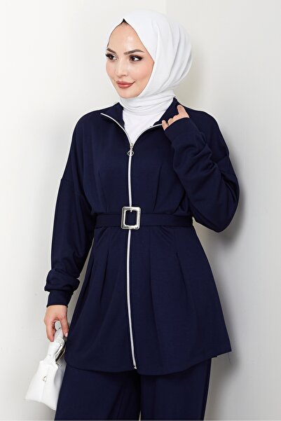 Bestenur Dilsa Belted Double Suit 1607 - Navy Blue