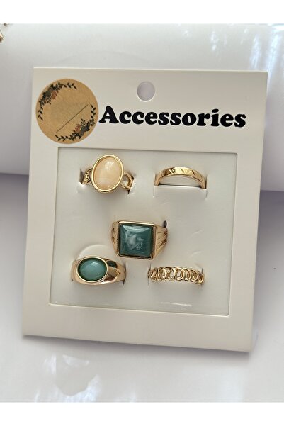 mibrillo Gold taşlı 5li yüzük seti