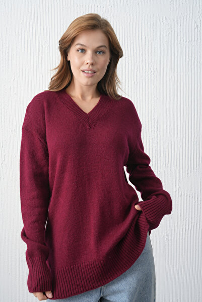 barış sülün lovebox Women's Knitwear Fabric V-Neck Long Oversized Burgundy Sw...