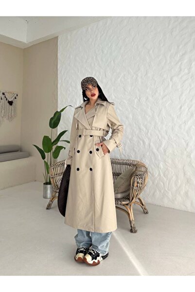 Genel Markalar Kadın Astarlı Premium Deri Apoletli Pelerinli Trençkot