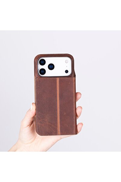 PLM Apple iPhone 17 Pro Max için, Hakiki Deri, El Yapımı, Cüzdanlı Slim Kılıf, Mag safe ile uyumlu, İç Y