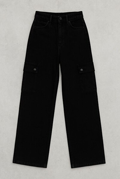 FİVA JEANS KADIN-YÜKSEK BEL ESNEK/LİKRAKI KARGO CEPLİ KOT PANTOLON