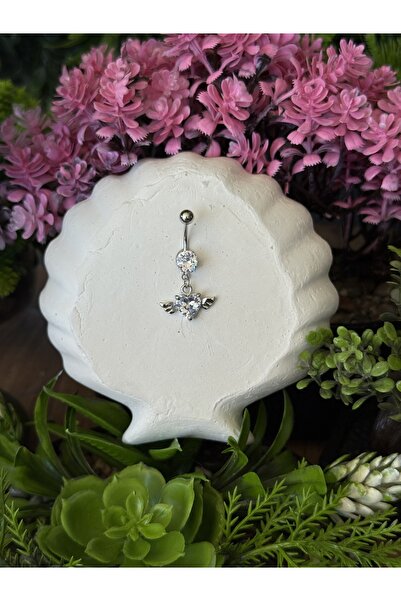 B & S Zirkon Taşlı Kanatlı Kalpli Çelik Göbek Piercing