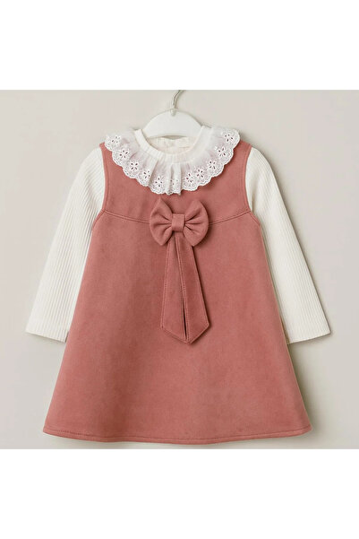 kidstalya Pudra Pembe Fiyonk Detaylı Süet Elbise 5-8 Yaş
