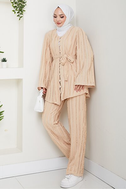 Bestenur İlgen Ruffled Double Set 1610 - Stone