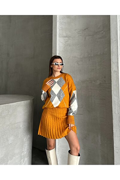 Knitoryx Women's Diamond Patterned Knitwear Sweater Skirt Set – Oversize Model |