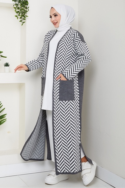 Bestenur Stripe Detailed Knitwear Cardigan 1604 - Anthracite