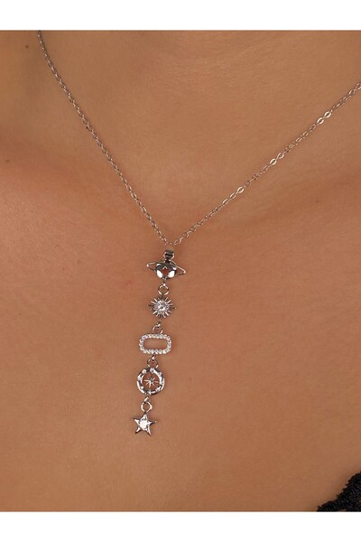 Furtek Aksesuar Gezegen Pusula Y Kolye Çelik Kaplama Rodyum Renk Kararmaz Hed...