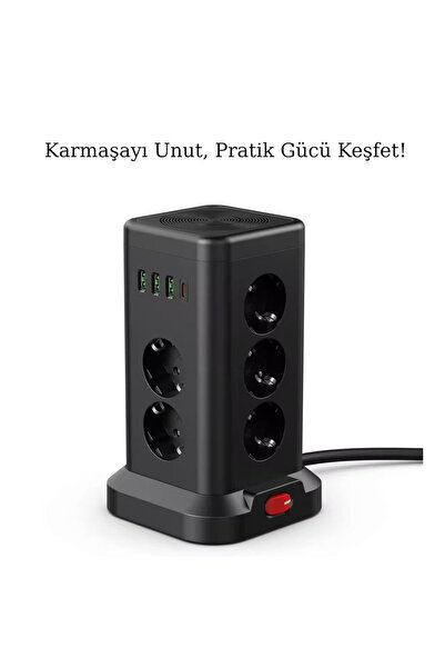 SMAYLİNG Çoklu Priz Kulesi 8’li Akım Korumalı – 3 USB-A + 1 Type-C Girişli Anahtarlı Uzatma Kablosu