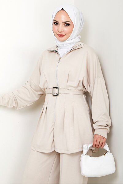 Bestenur Dilsa Belted Double Suit 1607 - Stone